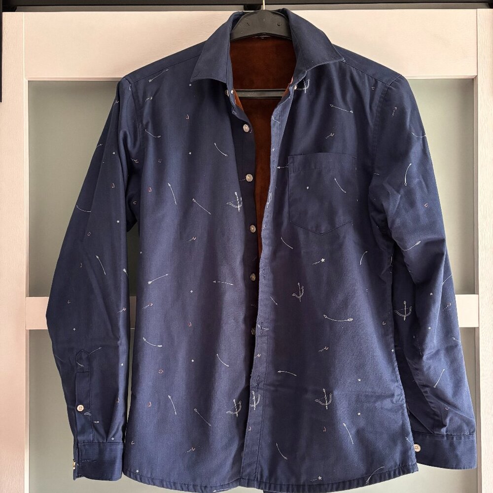 Qiaozhidier Navy Blue Fleece-Lined Archery Print Button Down Shacket - Medium